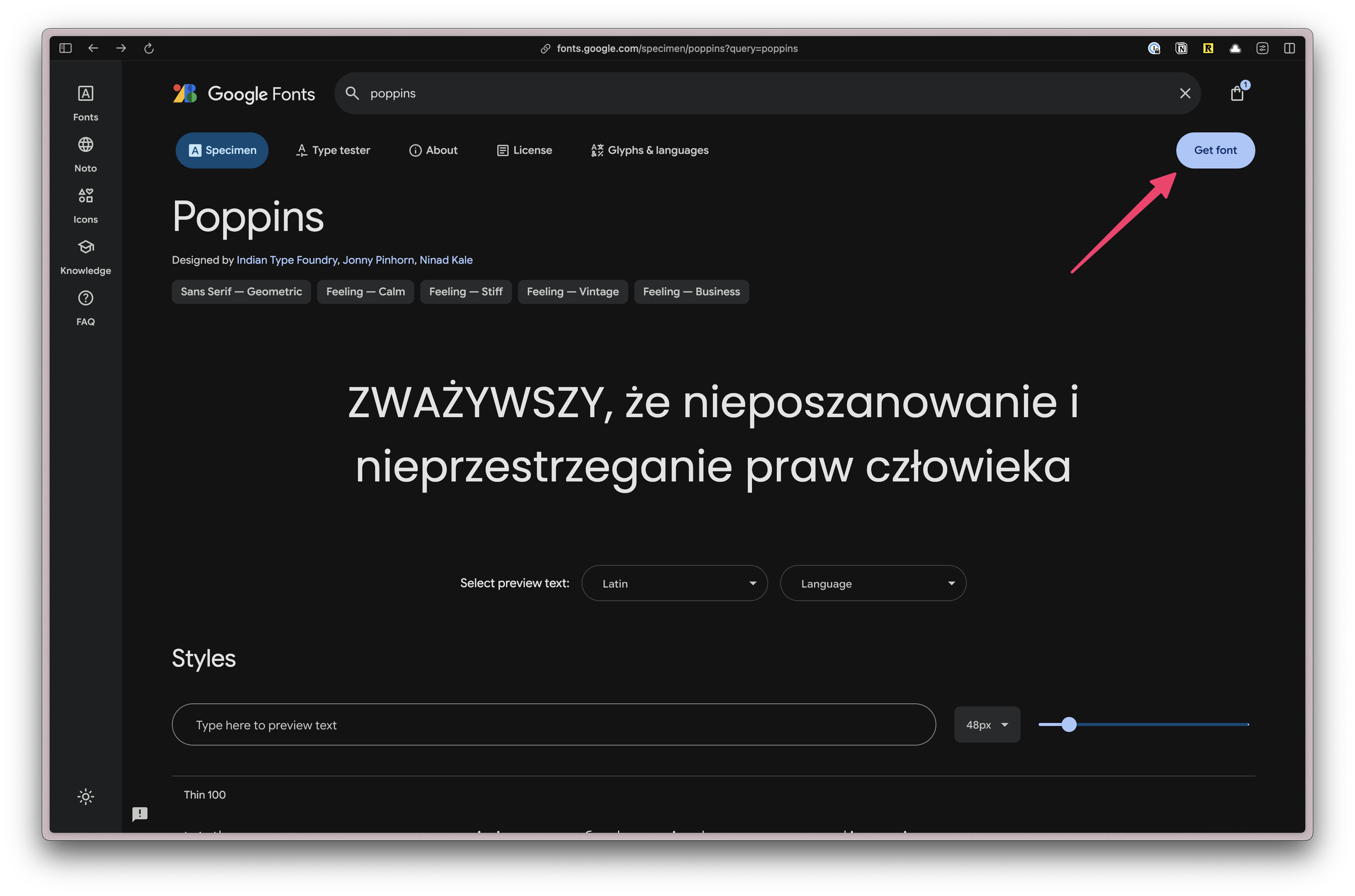 Screenshot of Google Font site with an arrow pointing to &quot;Get font&quot; button