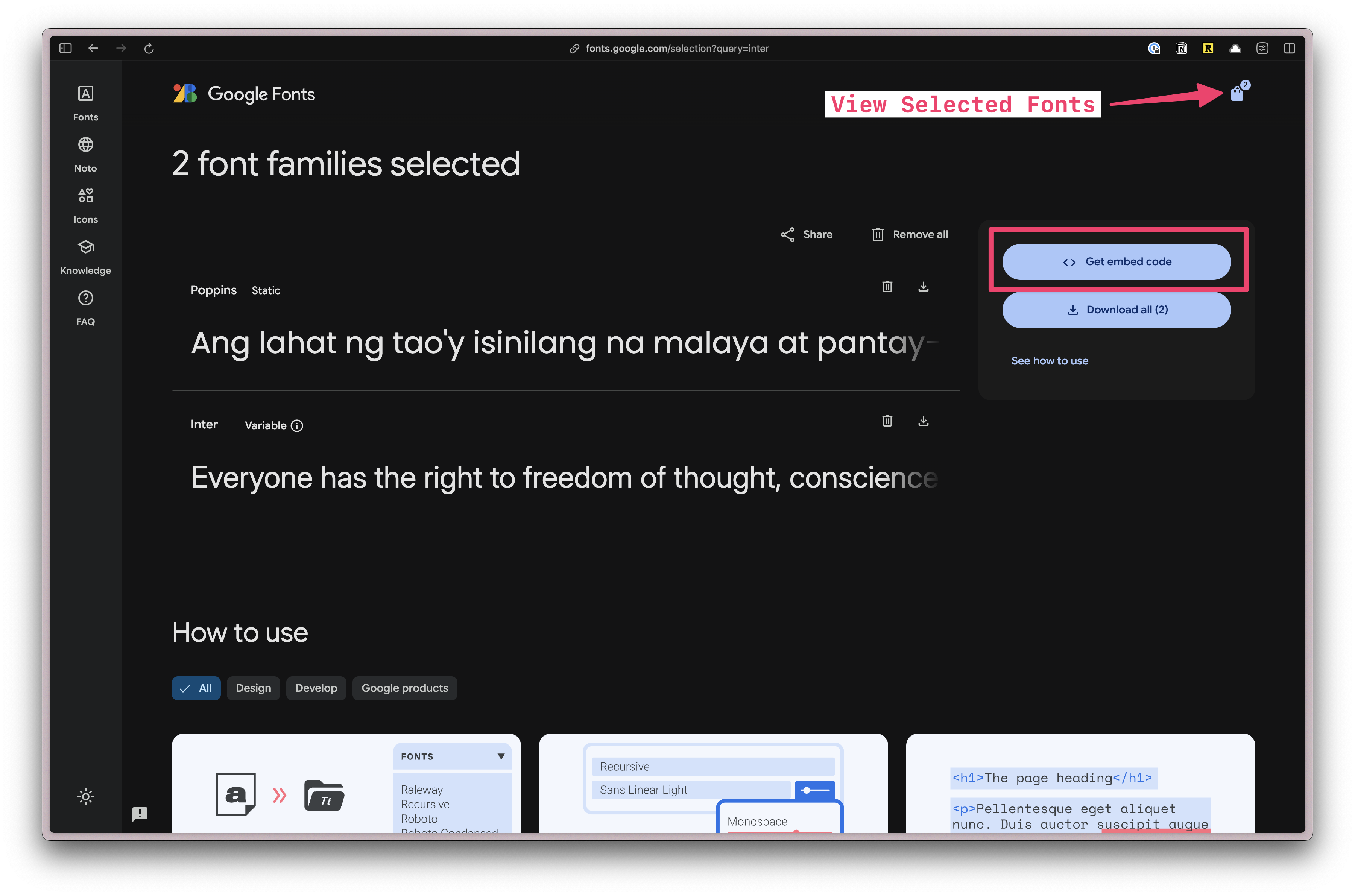 Screenshot of the Google Font site with a box highlighting the &quot;Get embed code&quot; button
