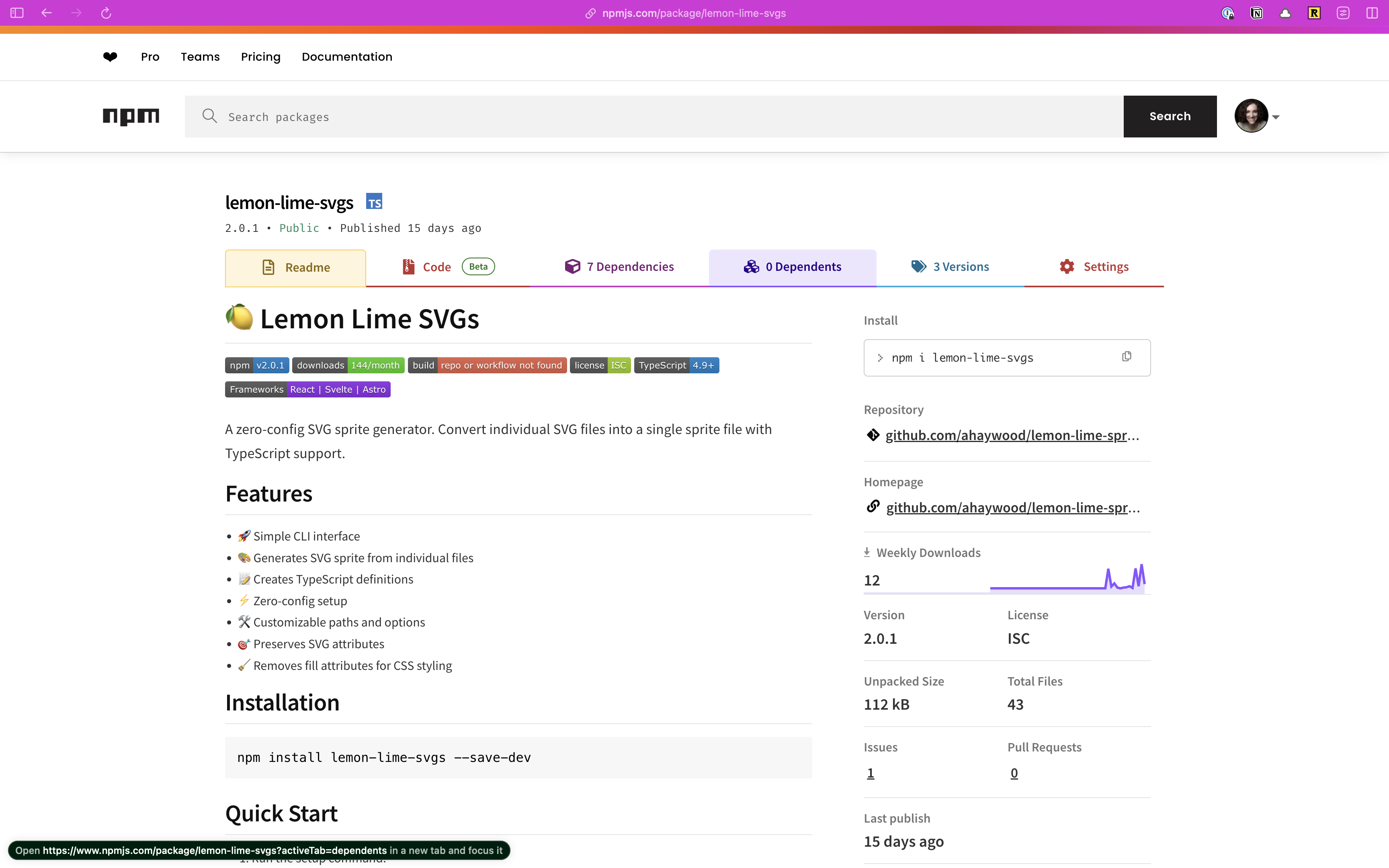 A screenshot of the lemon-lime-svg package from the NPM registry