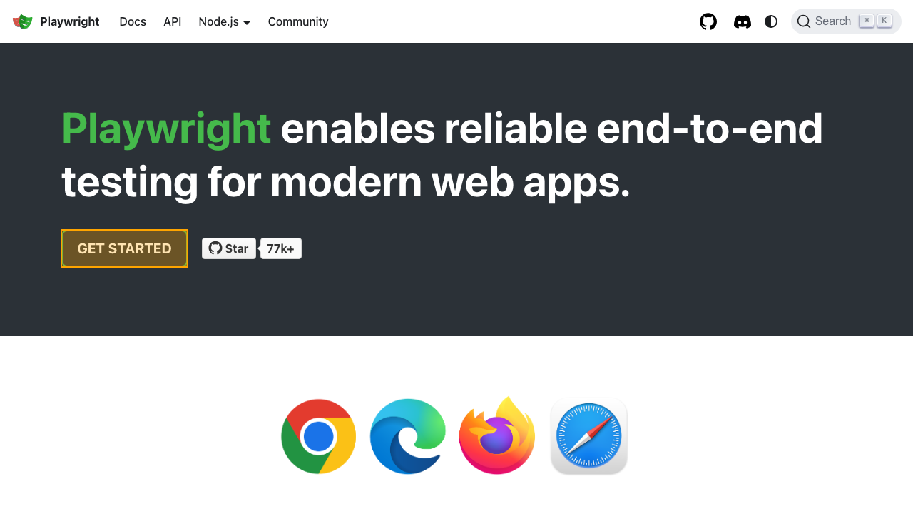 screenshot from playwright&#39;s site highlighting the &quot;Get started&quot; button