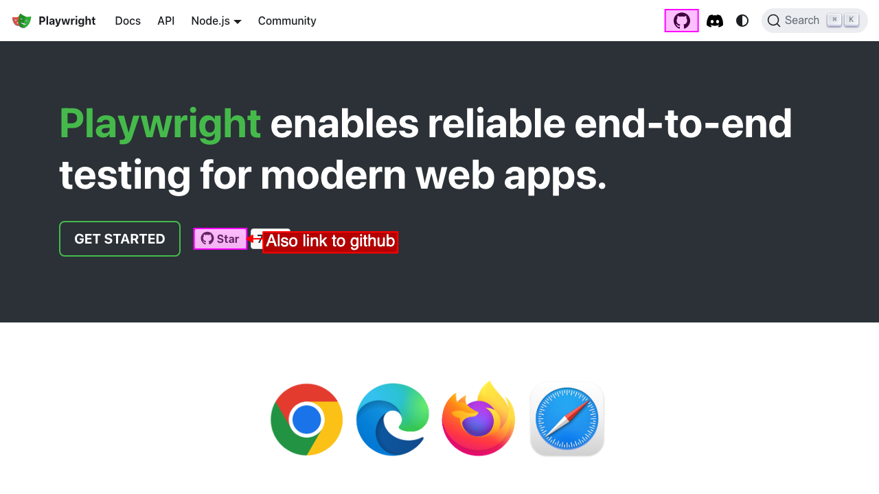screenshot from playwright&#39;s site highlighting multiple the links to github