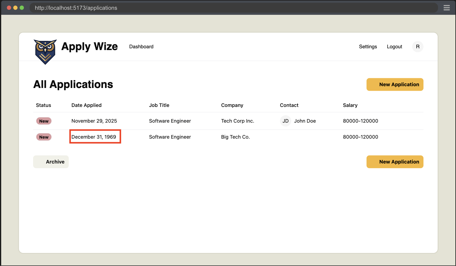 A screenshot of dashboard with the row added with the wrong date.