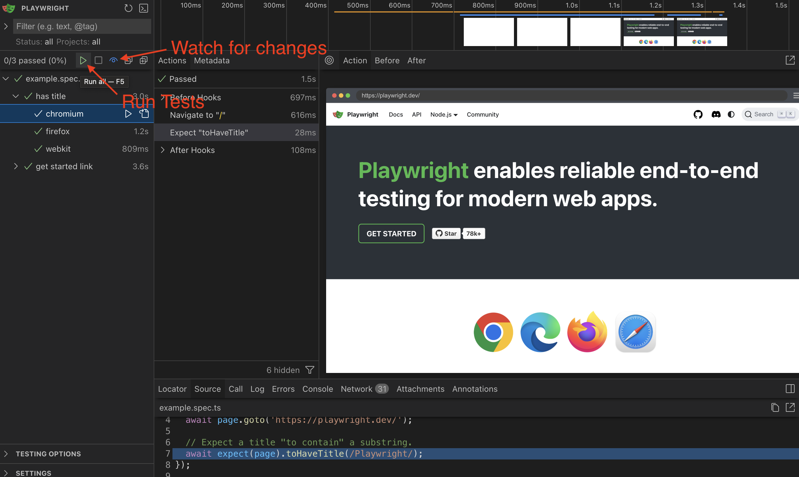screen shot of the Playwright UI with arrows pointing to the run button and watch button.