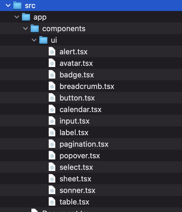 Screenshot of the directory structure of the components in the files system