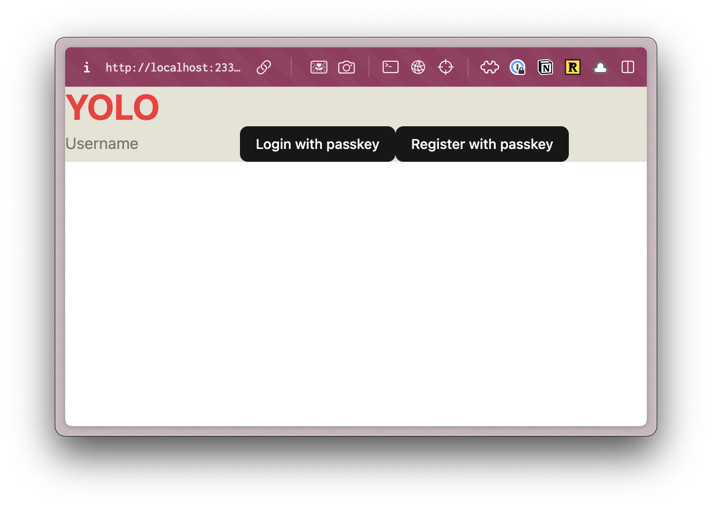 A screenshot of a red header text saying &quot;YOLO&quot; and an input form with 2 black buttons. One button says &quot;Login with passkey&quot; while the other says &quot;Register with passkey&quot;.