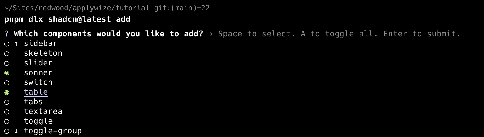 Screenshot of terminal selecting multiple components from the command line