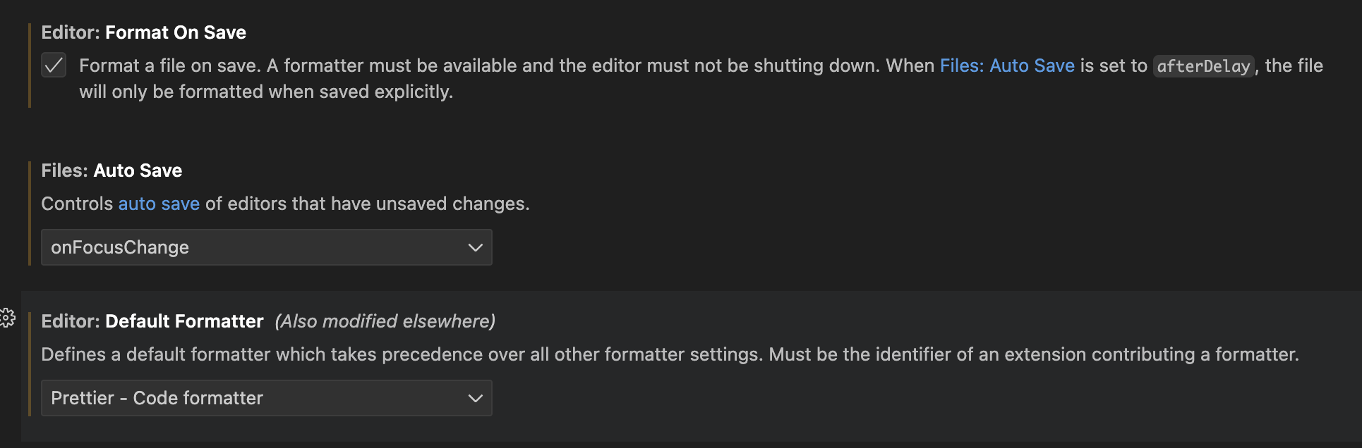 screenshot of vscode settings